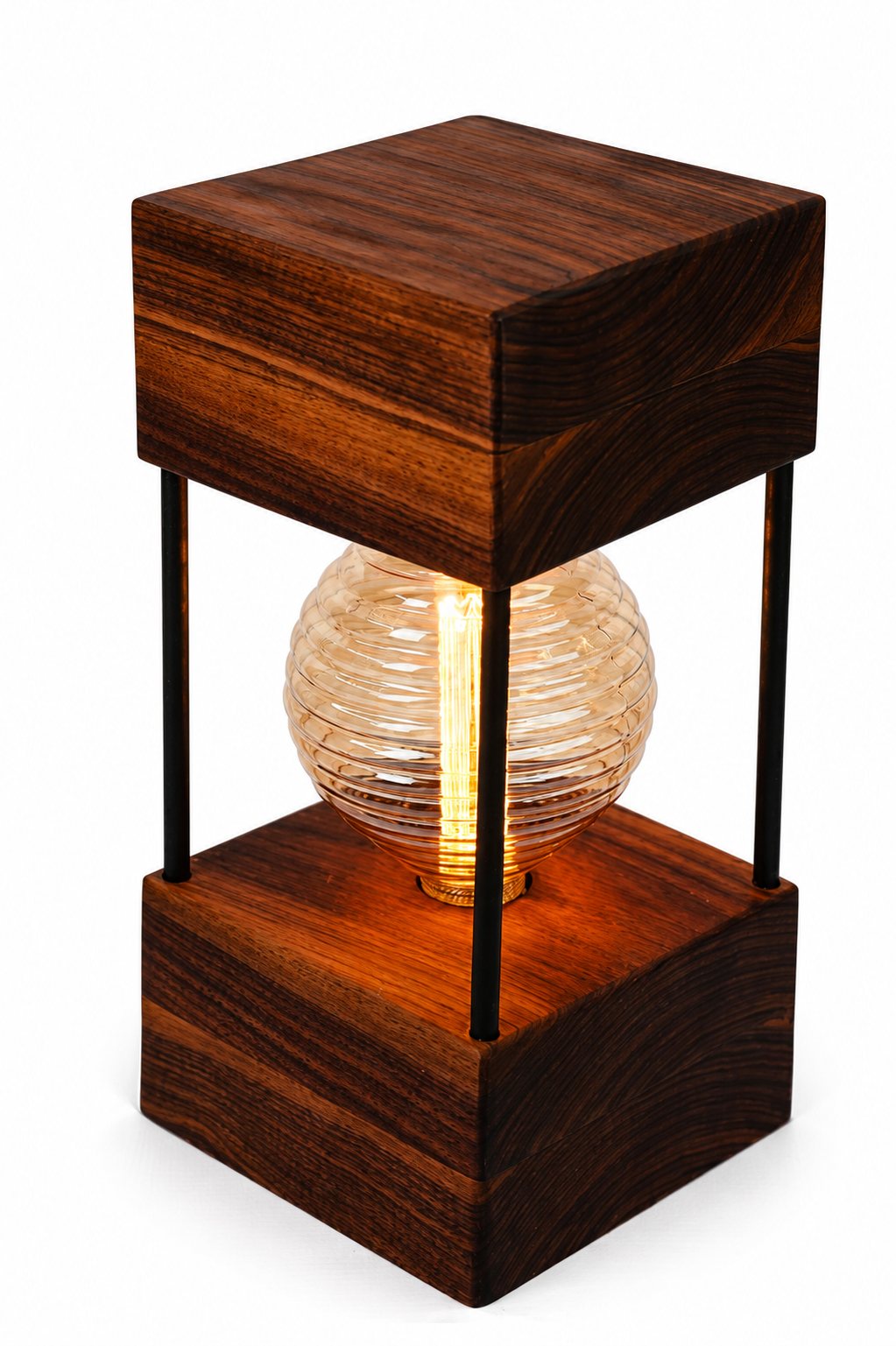 American Walnut Double Square Lamp — Large – Ribbed Bulb