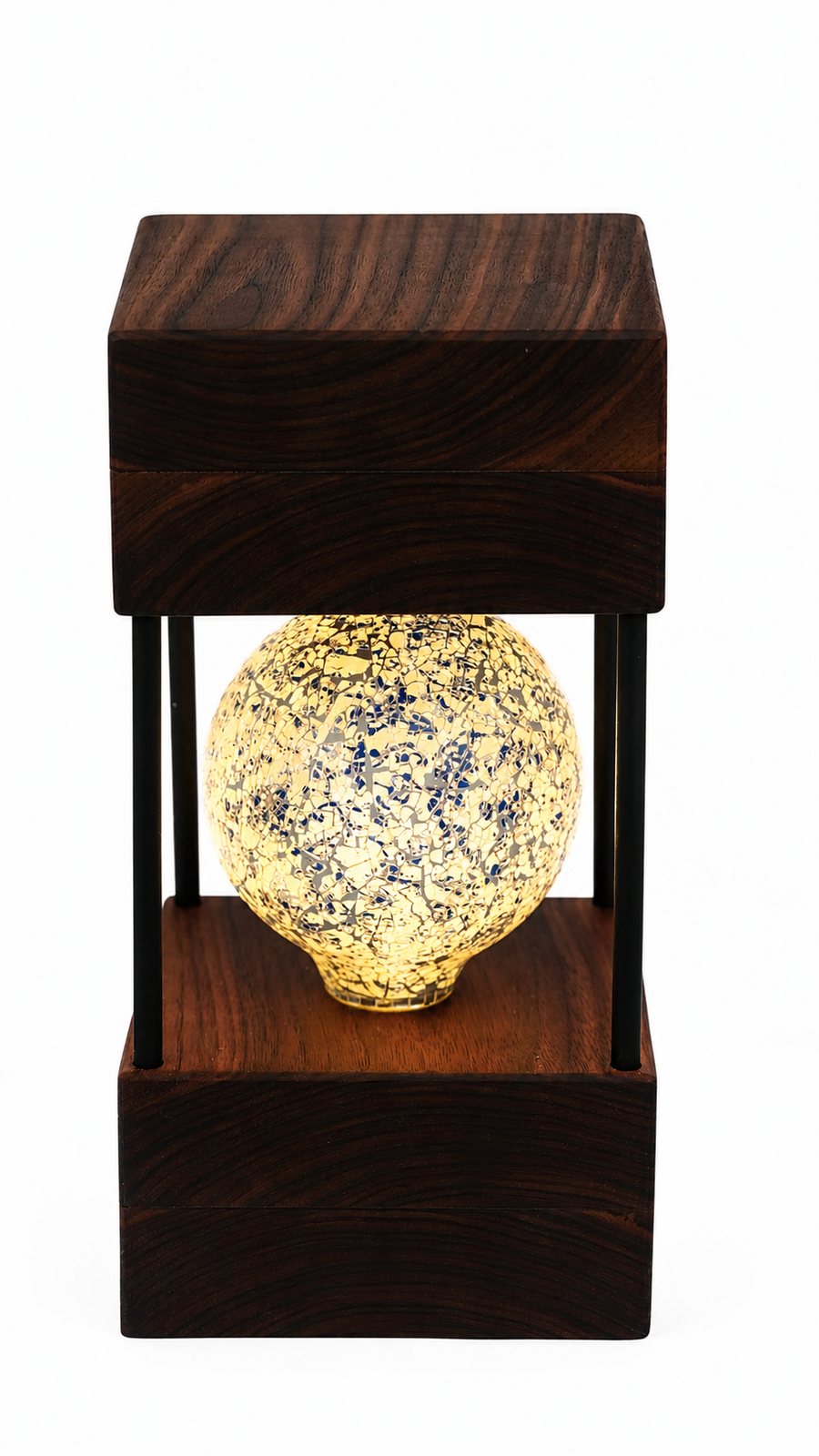American Walnut Double Square Lamp — Large – Delft Style Blue and White Mosaic Bulb