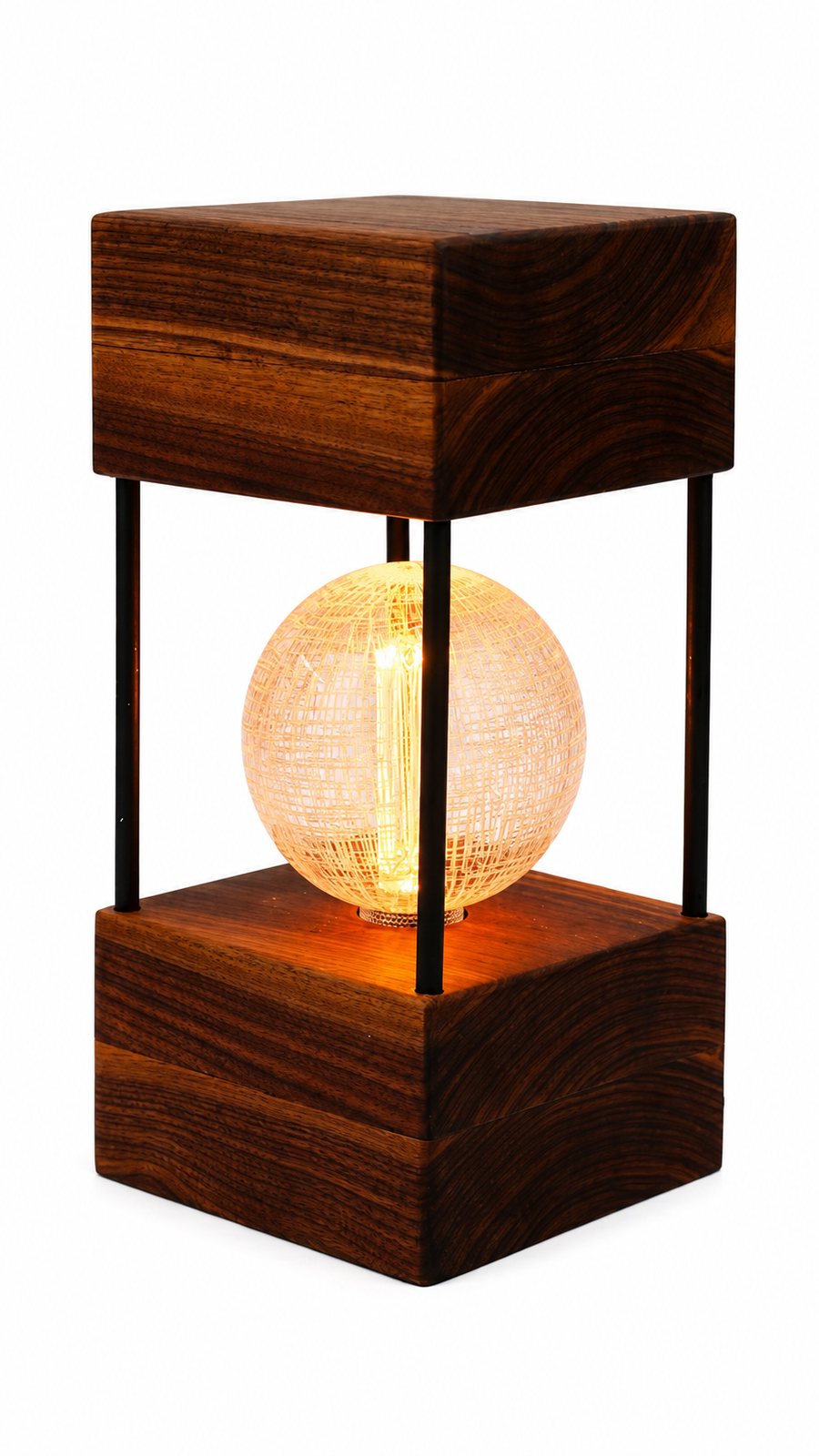 American Walnut Double Square Lamp — Large – Frosted Web Filament Bulb