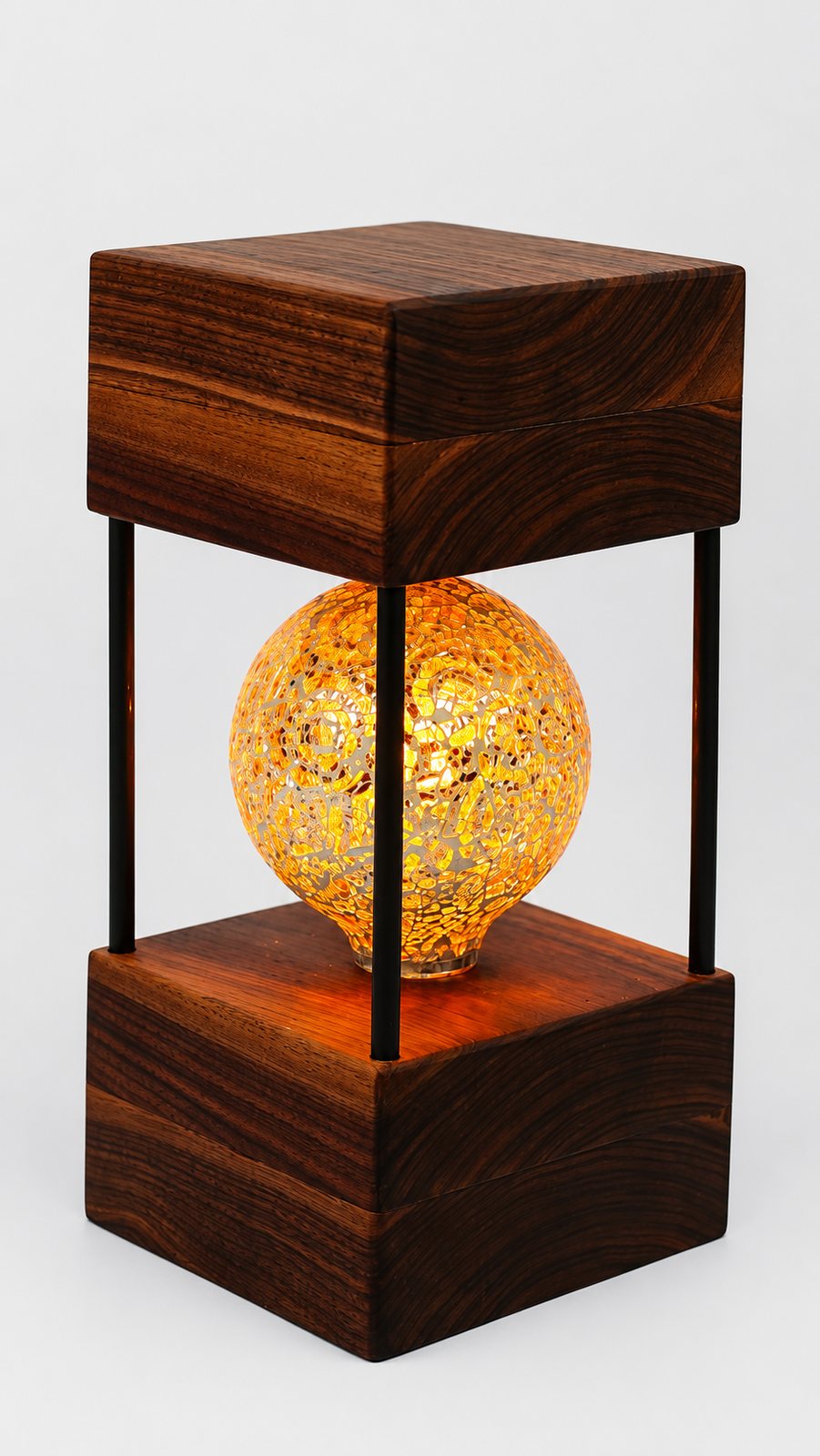 American Walnut Double Square Lamp — Large – Orange Paisley Style Mosaic Bulb