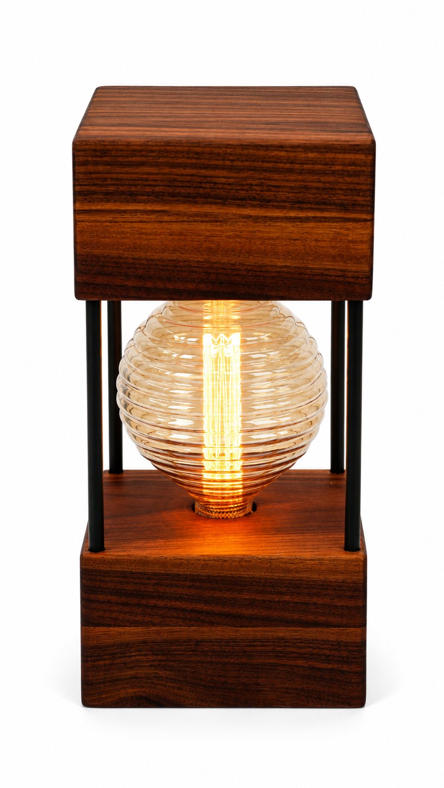 American Walnut Double Square Lamp — Large – Ribbed Clear Filament Bulb
