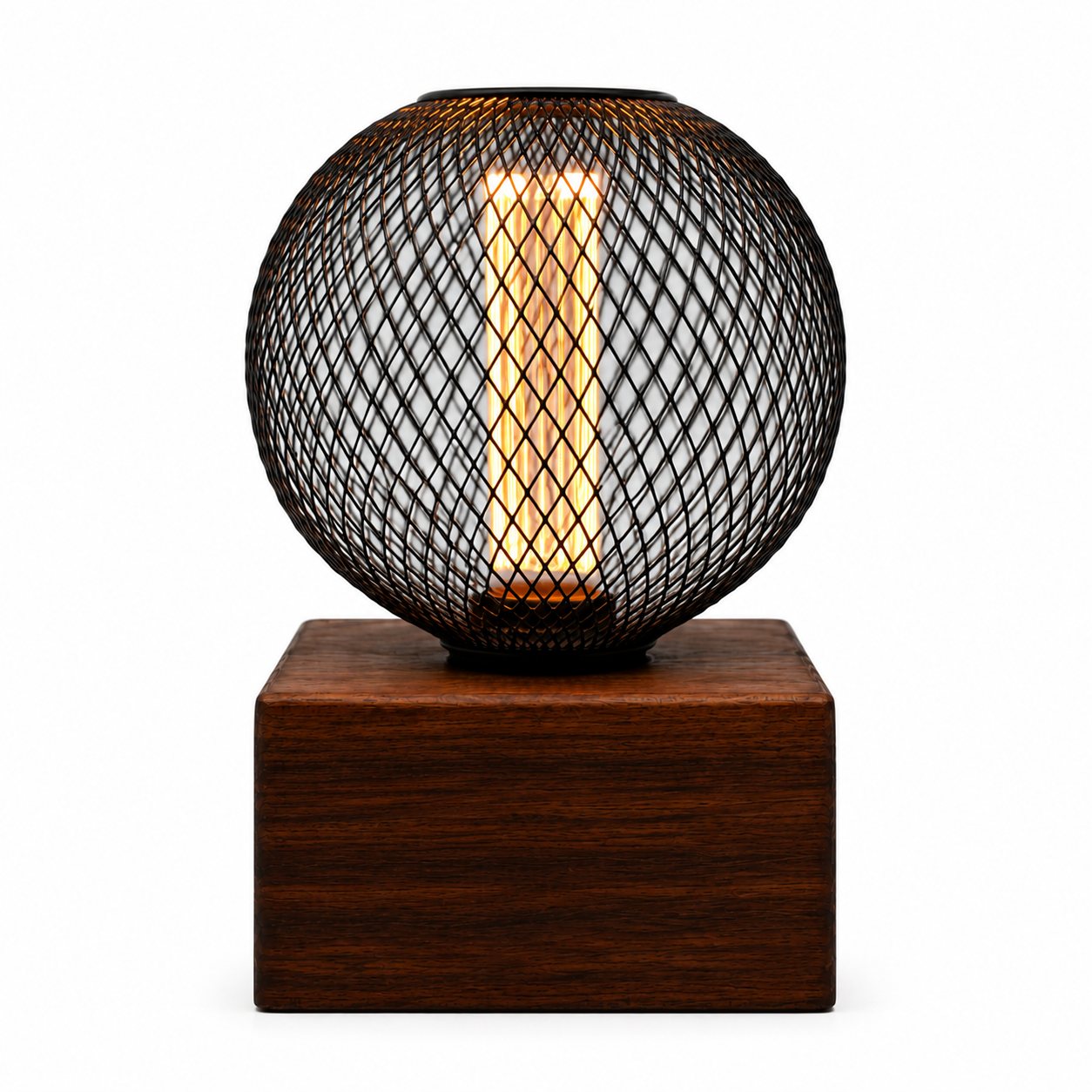 American Walnut Pygmy Square Lamp — Small – Round Metal Mesh Filament Bulb