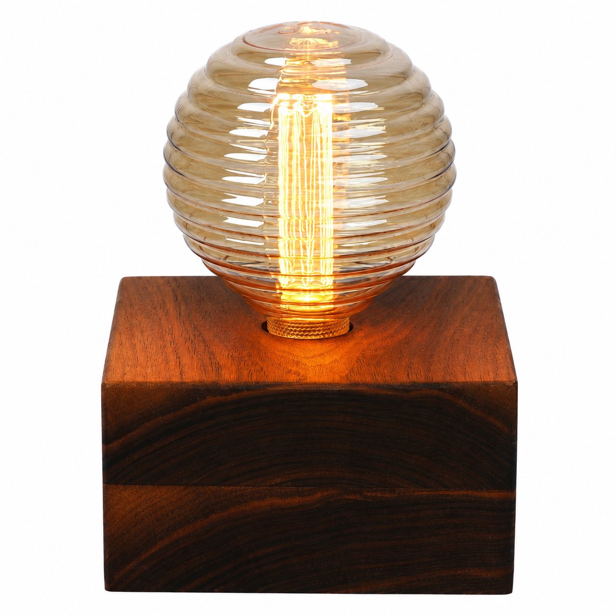 American Walnut Pygmy Square Lamp — Small – Ribbed Clear Filament Bulb