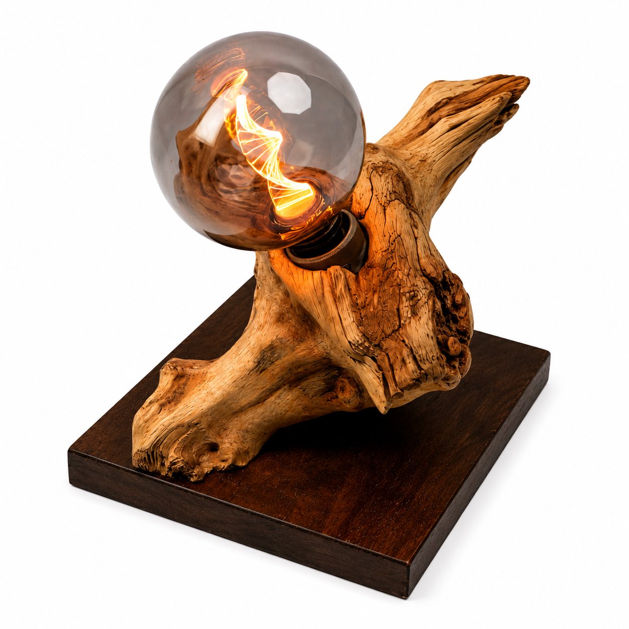 Bespoke Jacaranda Root Lamp – DNA Double Helix Smoked Bulb