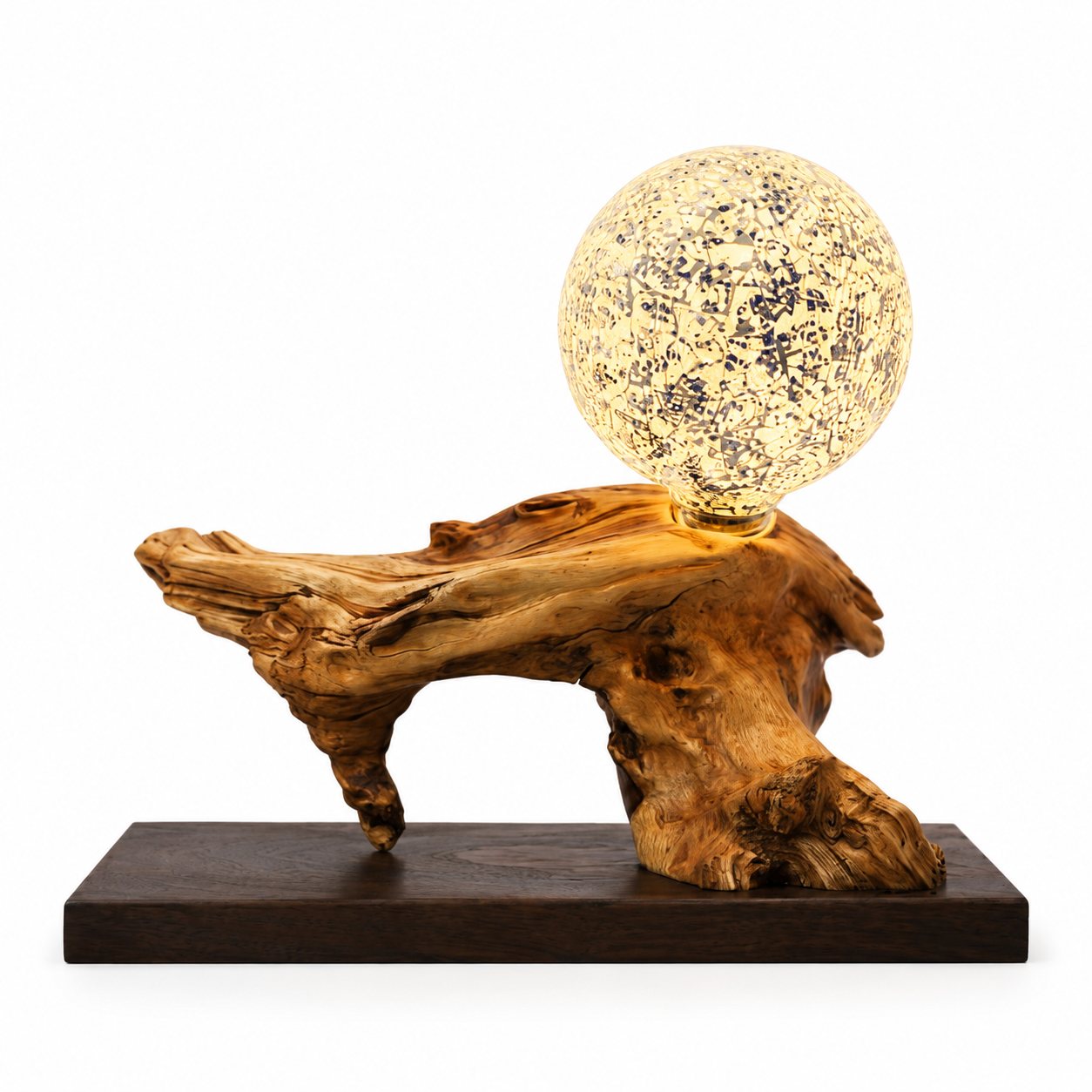 Bespoke Jacaranda Root Lamp – Delft Style Blue and White Mosaic Bulb