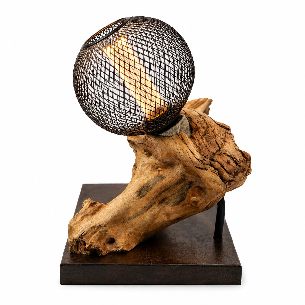 Bespoke Jacaranda Root Lamp – Round Metal Mesh Filament Bulb