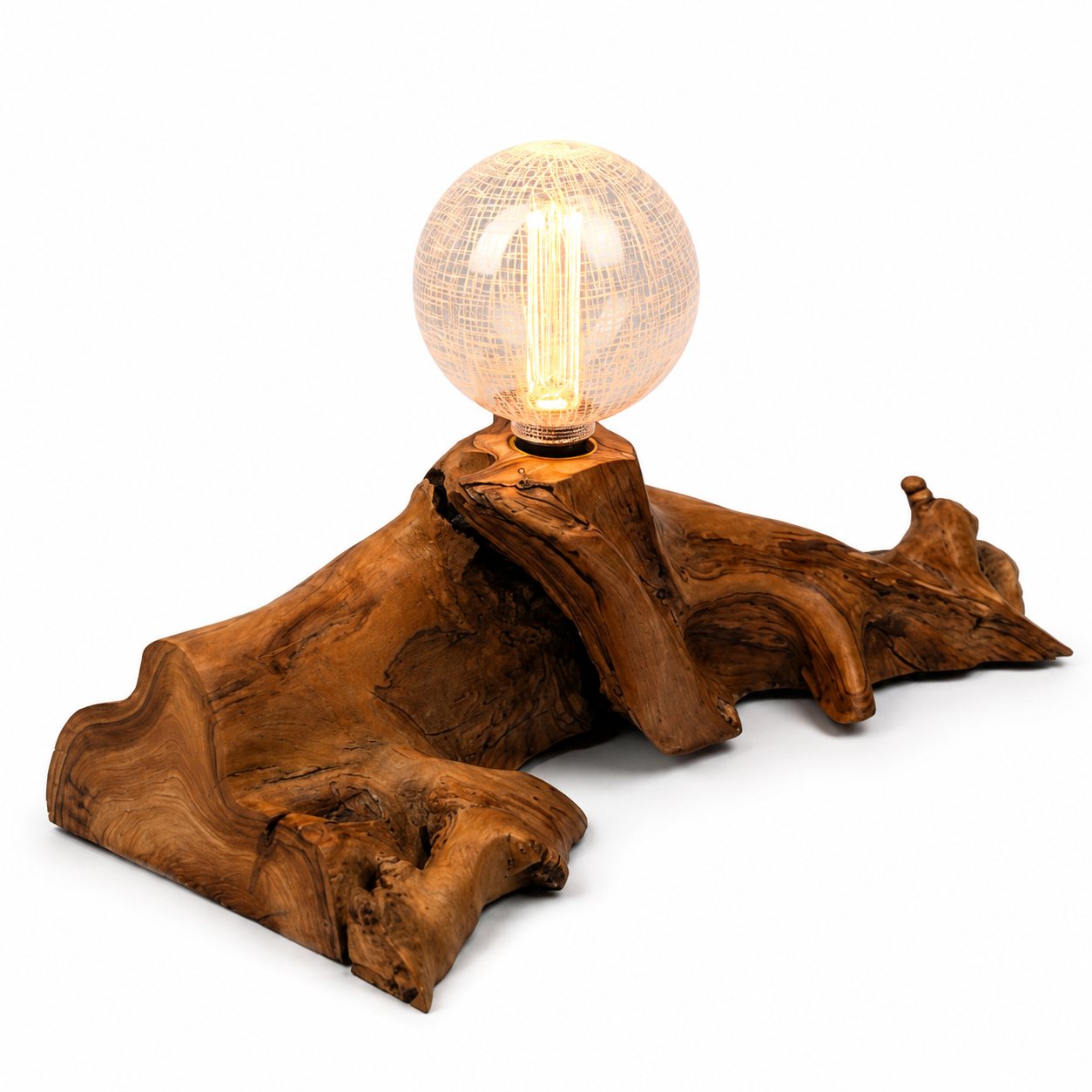 Bespoke Wild Olive Wood Lamp – Frosted Web Bulb