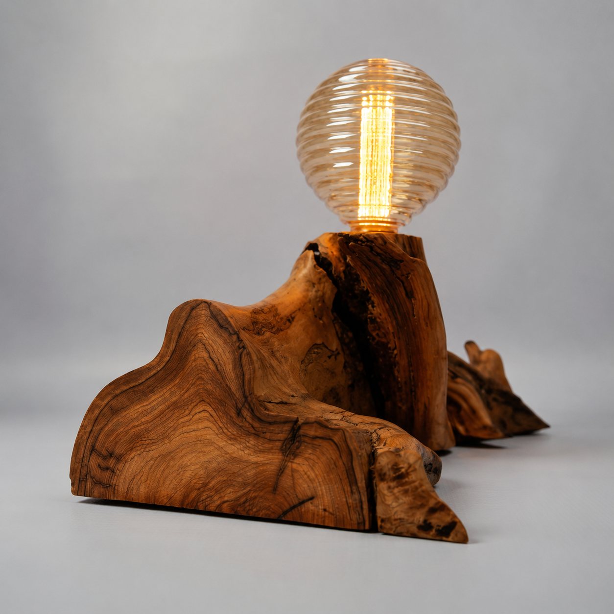 Bespoke Wild Olive Wood Lamp – Ribbed Clear Bulb