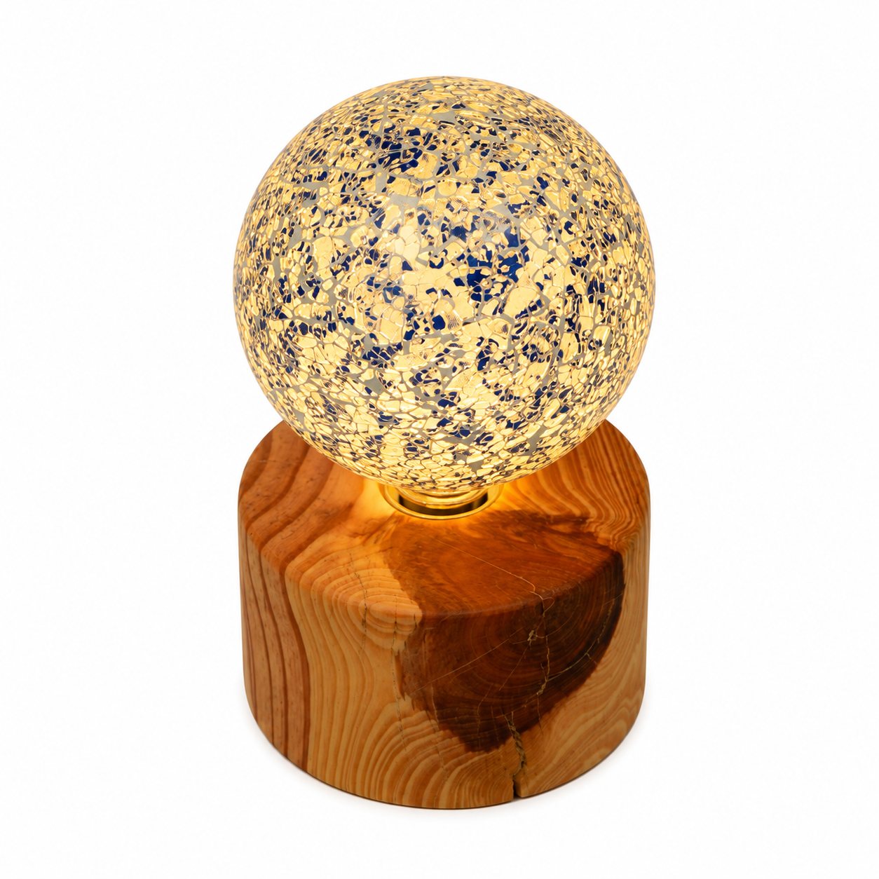 Cedarwood Pygmy Round Lamp — Small – Delft Style Blue and White Mosaic Bulb