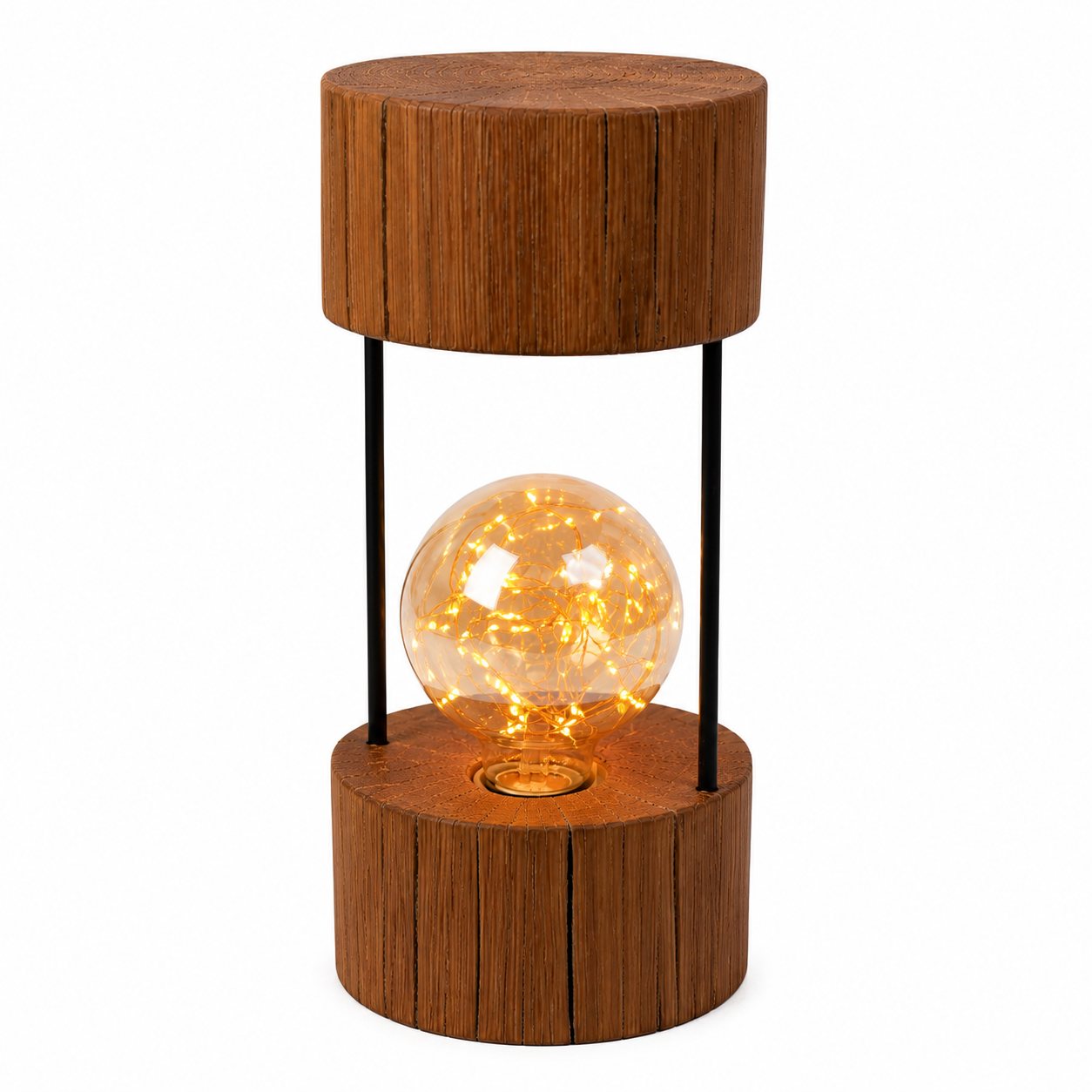 Rustic Oak Double Medium Round Lamp – Fairy Light Bulb