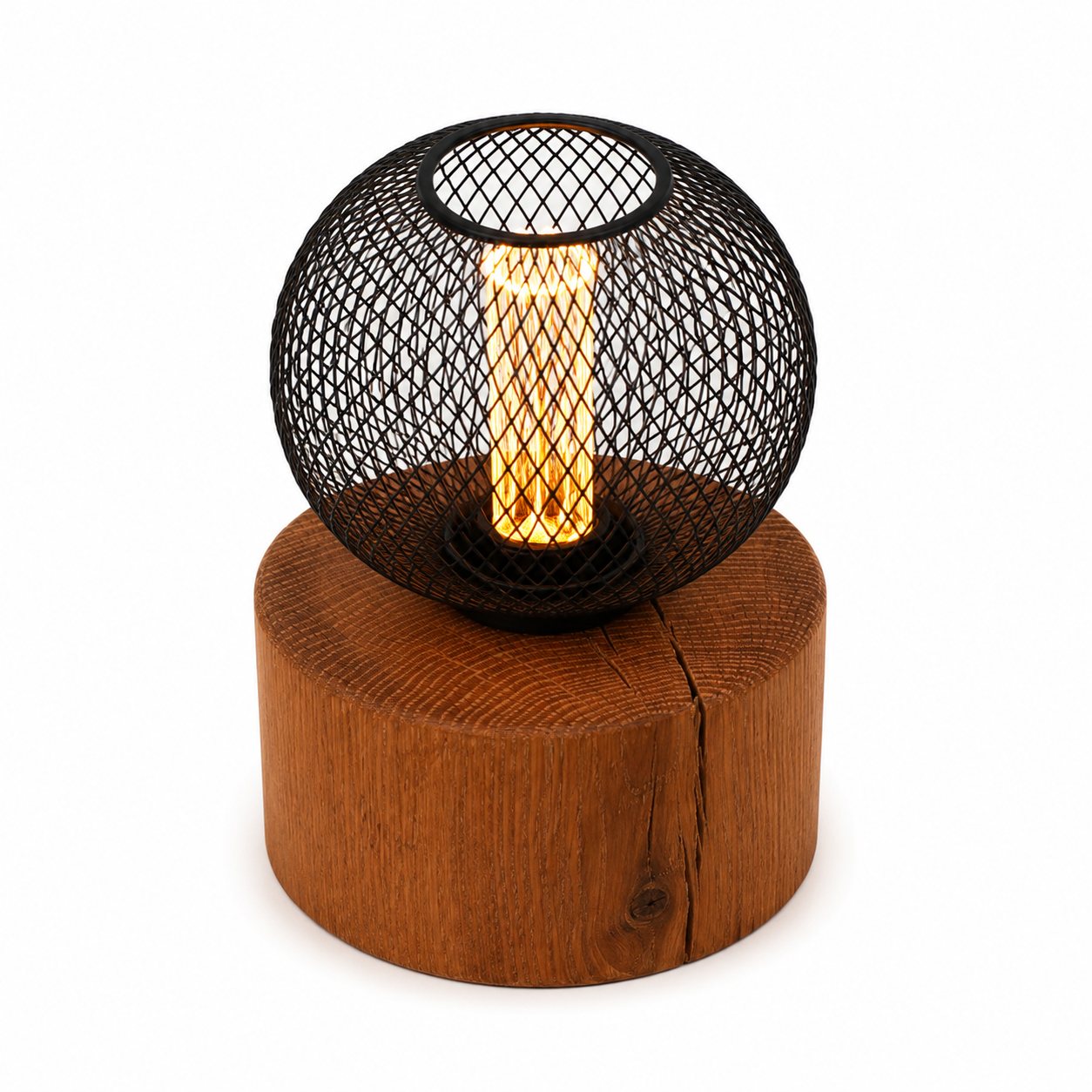Rustic Oak Pygmy Square Lamp — Small – Round Metal Mesh Filament Bulb