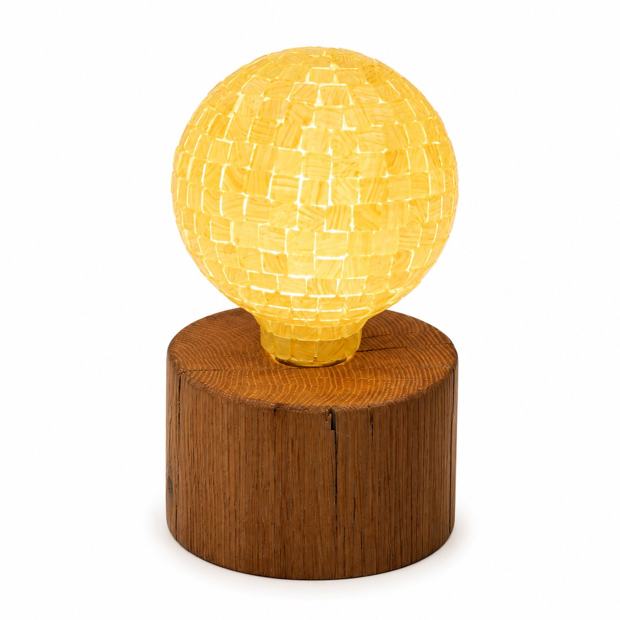 Rustic Oak Pygmy Round Lamp — Small – Gold Tiled Mosaic Bulb