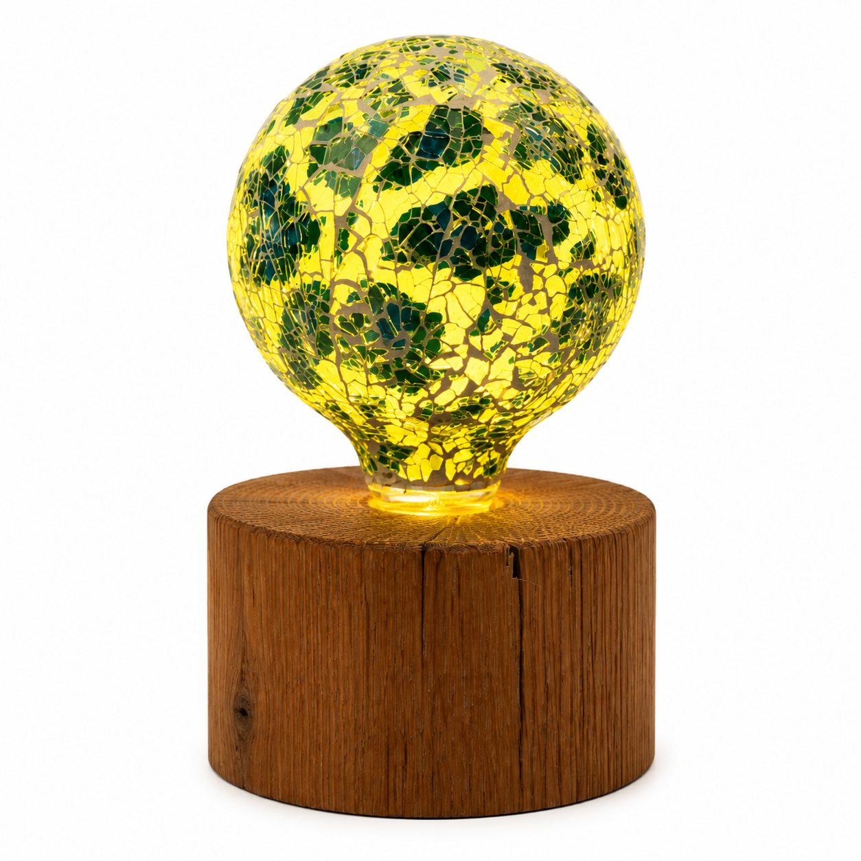 Rustic Oak Pygmy Round Lamp — Small – Sea Green and Bright Yellow Bulb