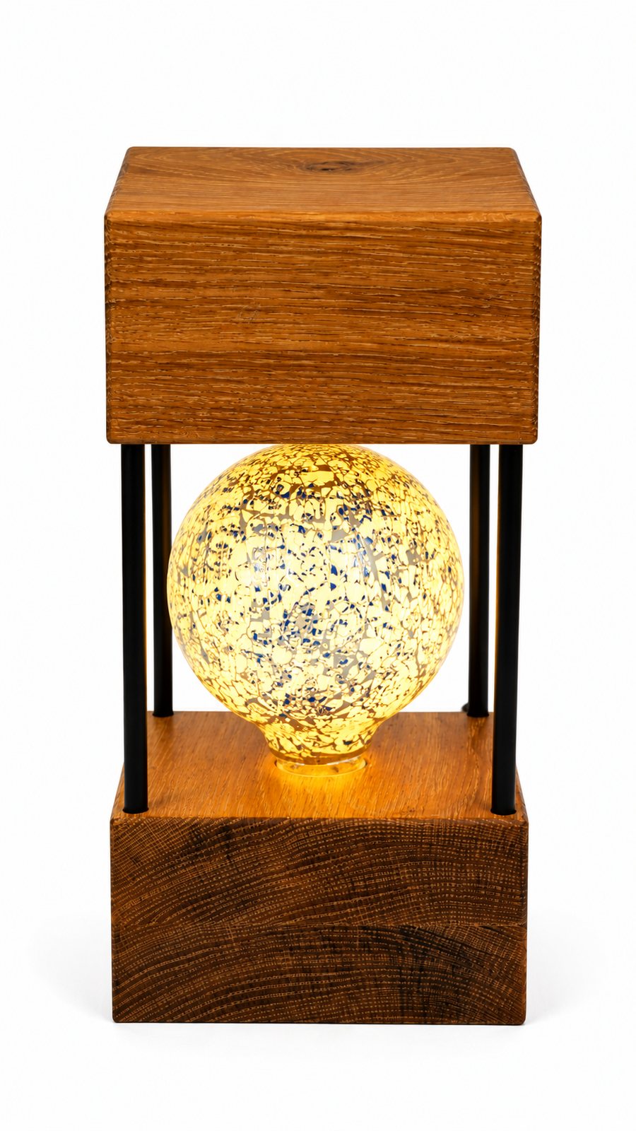White Oak Double Square Lamp — Large – Delft Style Blue and White Mosaic Bulb