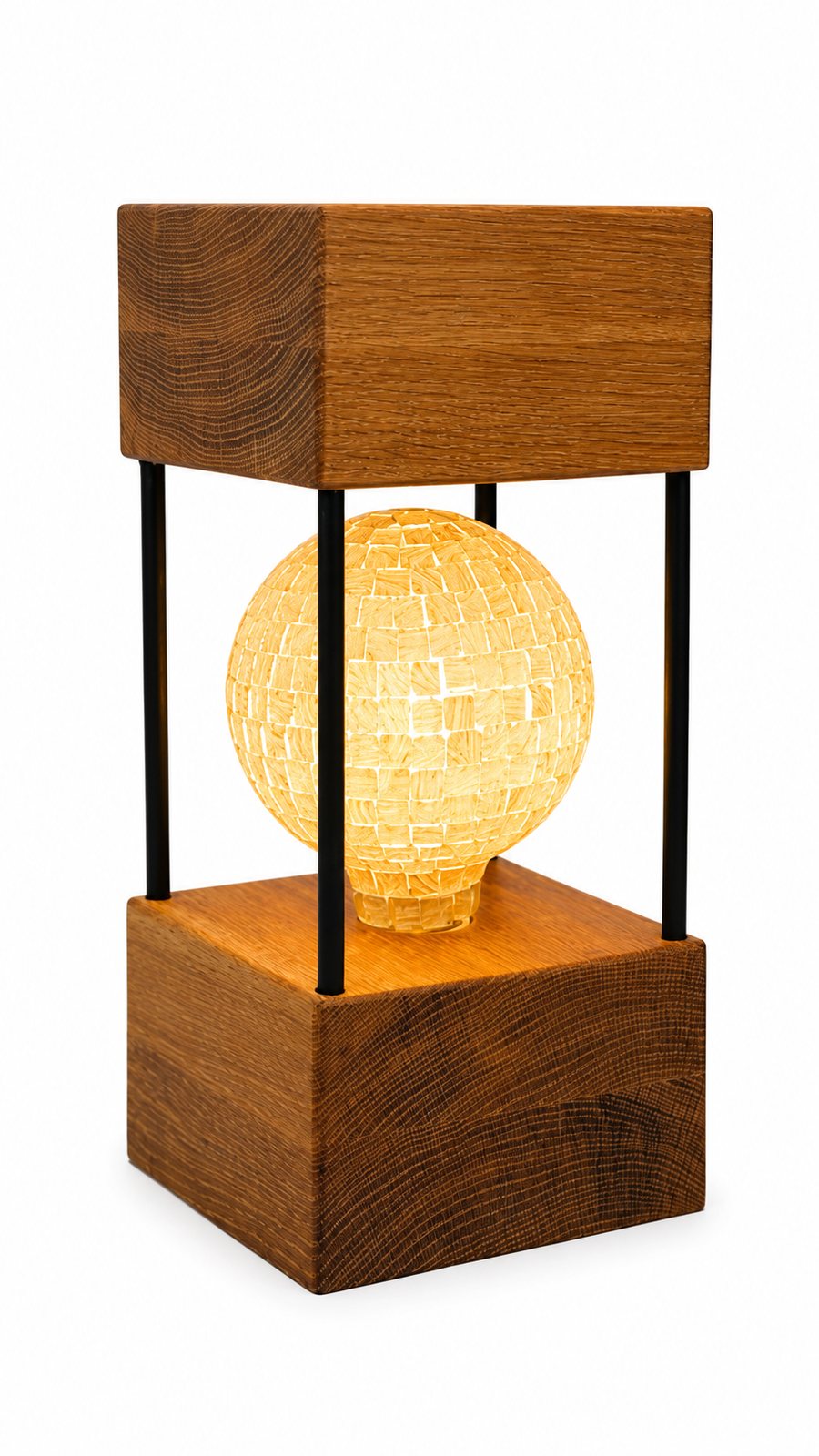 White Oak Double Square Lamp — Large – Gold Tile Bulb
