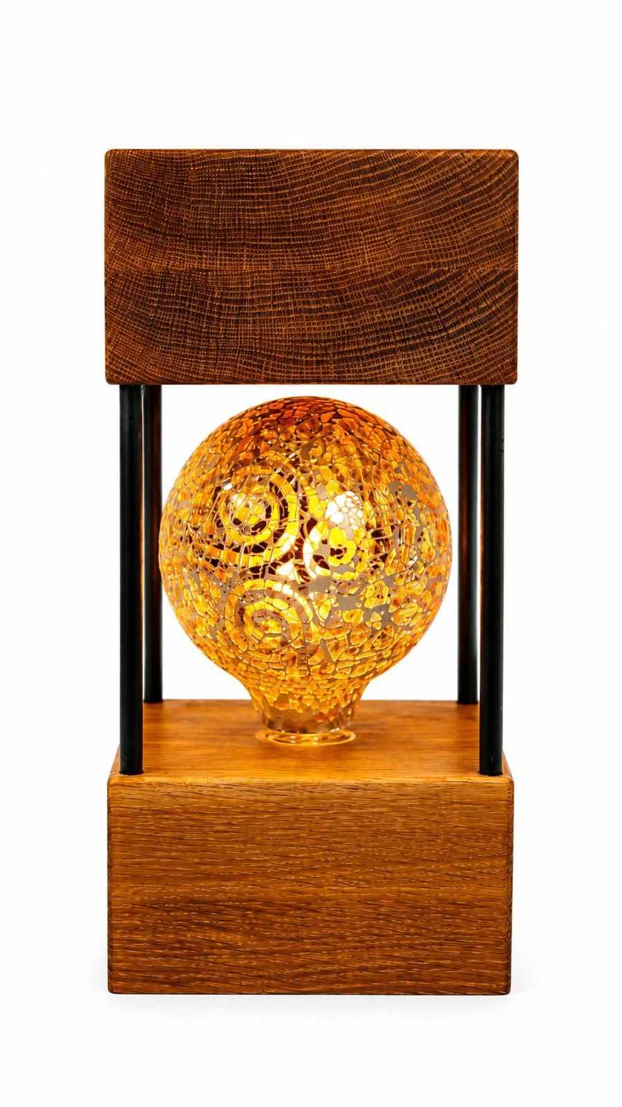 White Oak Double Square Lamp — Large – Orange Paisley Mosaic Bulb