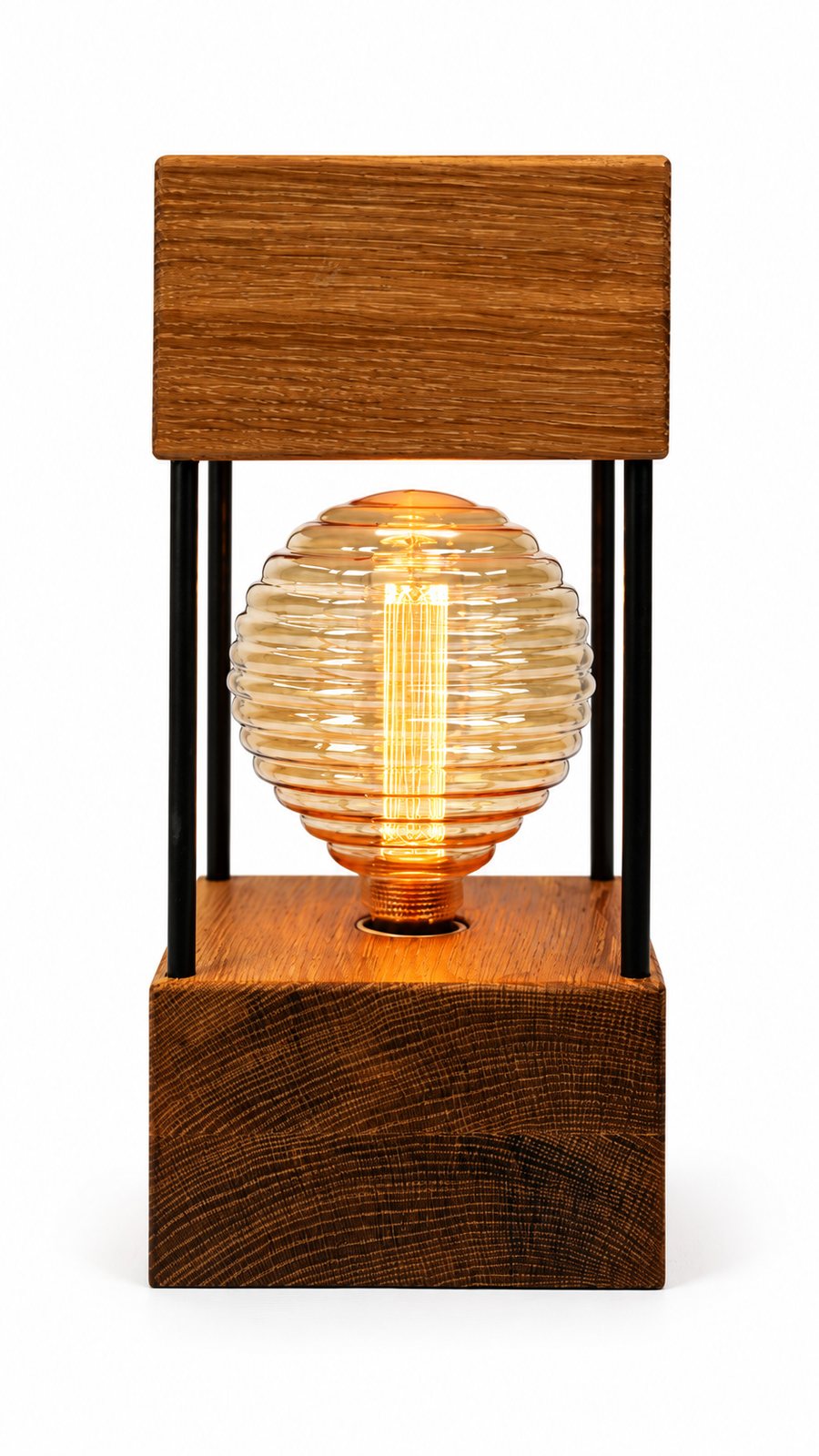 White Oak Double Square Lamp — Large – Ribbed Clear Filament Bulb