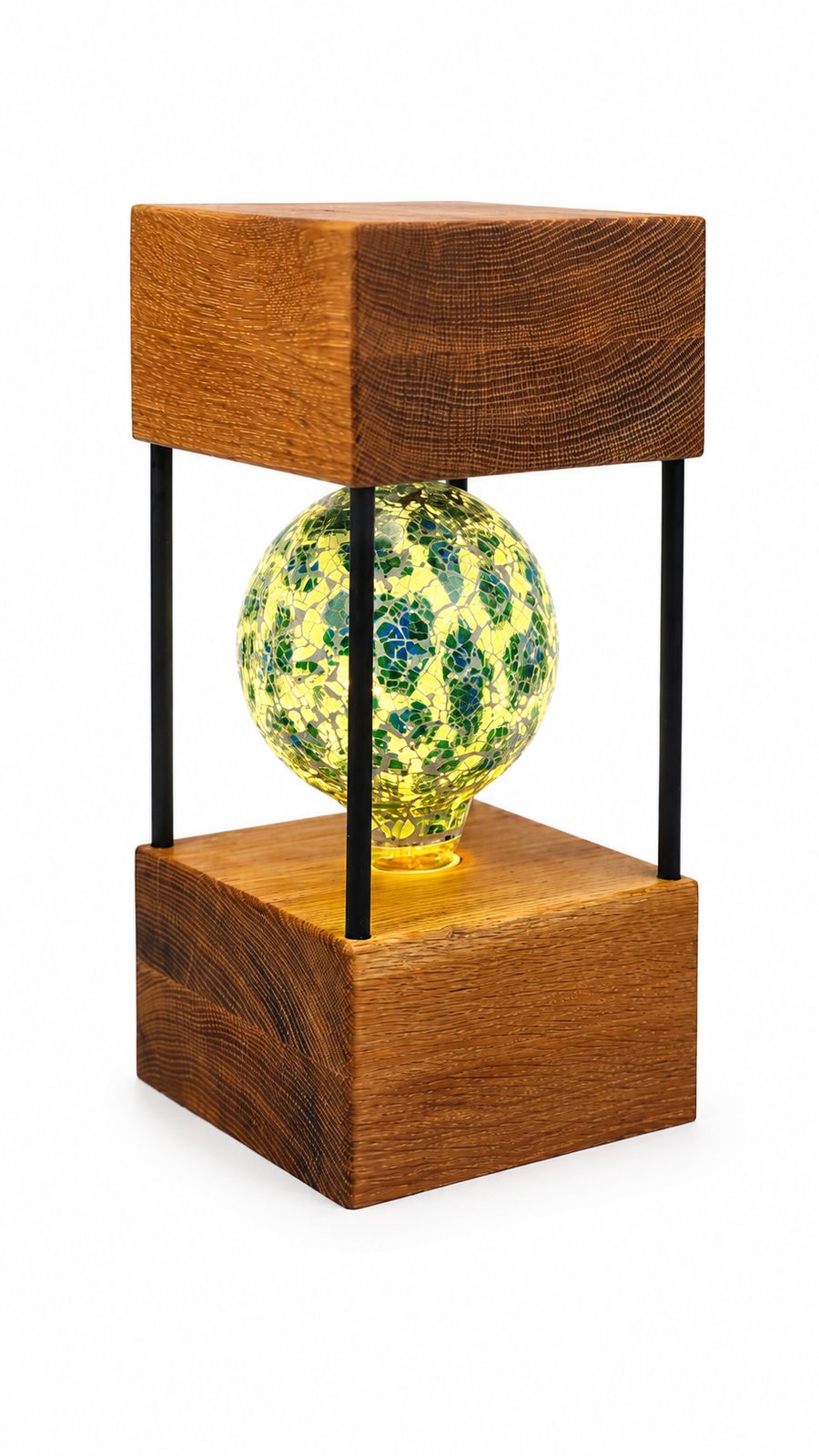 White Oak Double Square Lamp — Large – Sea Green Bulb
